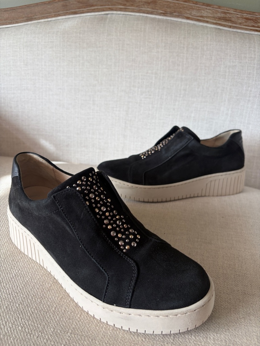 Gabor Size 40 Black Suede Crystal Studded Slip-On Platform Sneakers